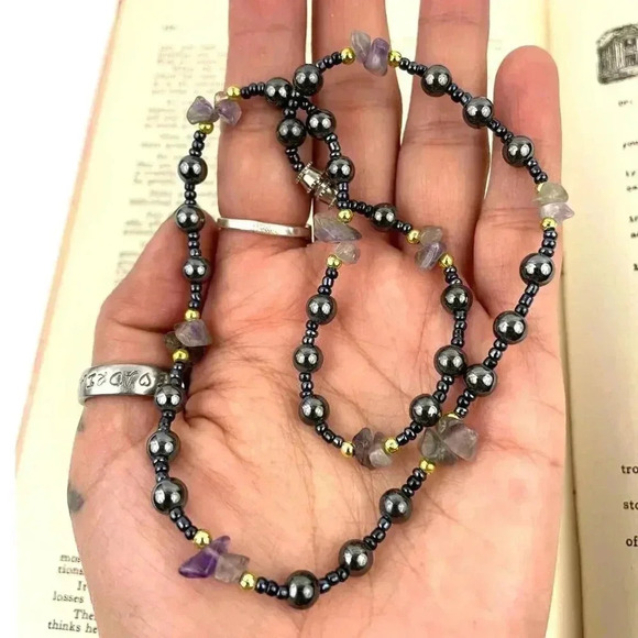 Natural Stone and Metal Beaded Necklace Amethyst  16" Choker Purple Gray - Picture 14 of 14